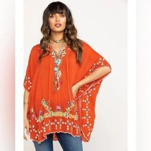 Johnny Was Orange Embroidered V-Neck Tunic